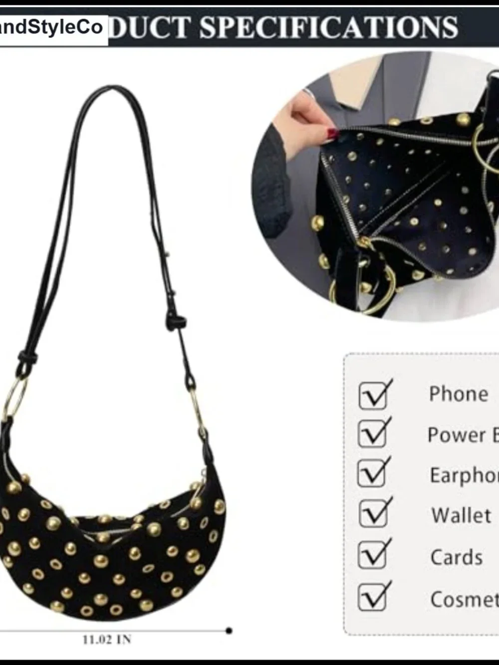 Faux Suede Studded Hobo Bag Y2K Shoulder Crossbody Purse for Women